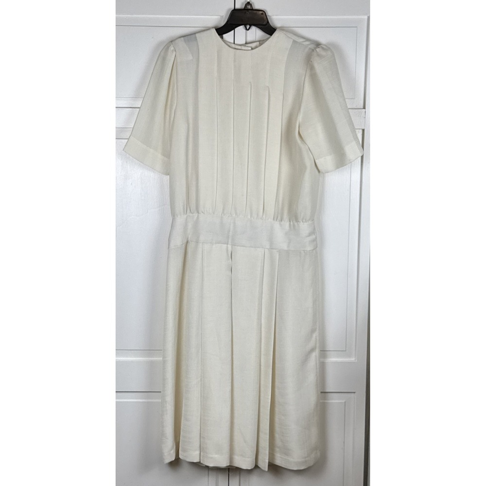 Vintage 80s Women Pleated Midi Dress Cream Linen Blend Minimalist Cottagecore